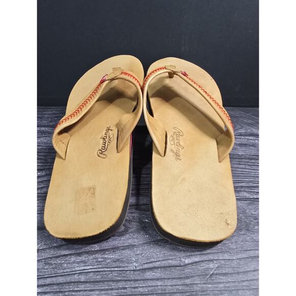 MLB Rawlings Men\'s Baseball Stitch Nubuck Leather Sandals Flip Flops Sand Tan main image 7